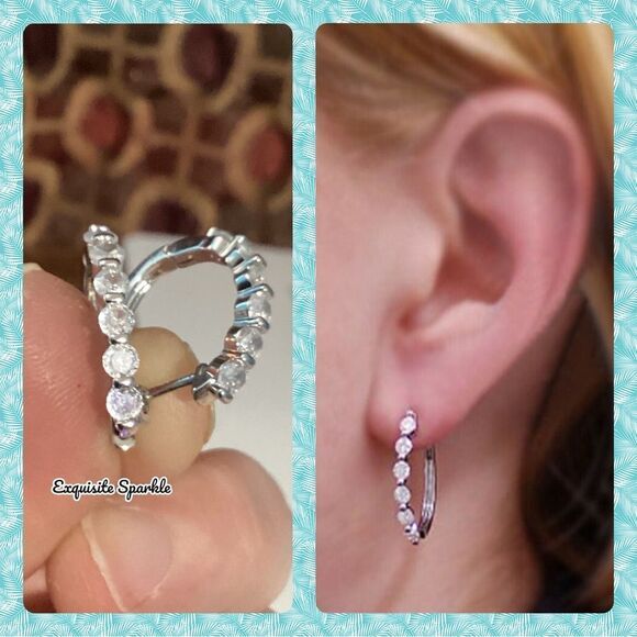 💎Gorgeous Sterling Silver Diamond Latch Back (Lab)Huggies💎 - Picture 1 of 17